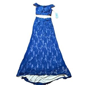 Royal Blue Lace Beaded‎ 2-Piece Crop Top Formal Prom Evening Gown Set L
